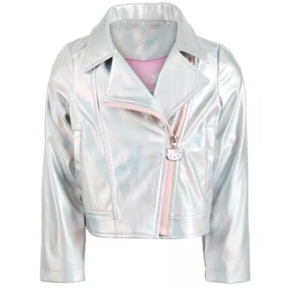 Sanrio Hello Kitty Girls Metallic Faux Leather Silver Moto Jacket Size 6 NEW - Picture 1 of 7